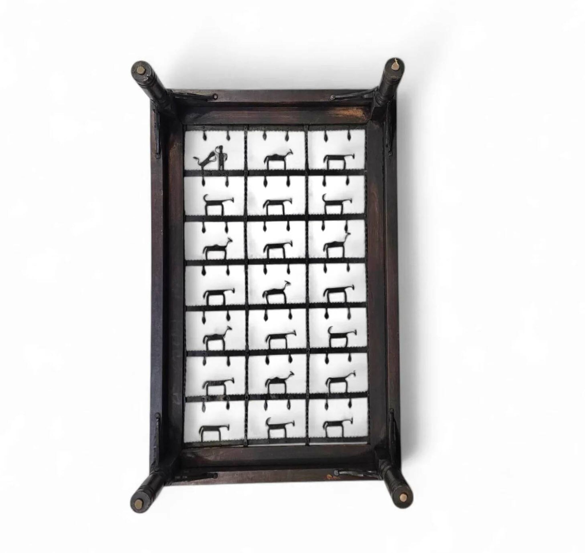French brutalist coffee table, forged wrought iron, shepherd with dog and his herd, 1970s, transparent glass top