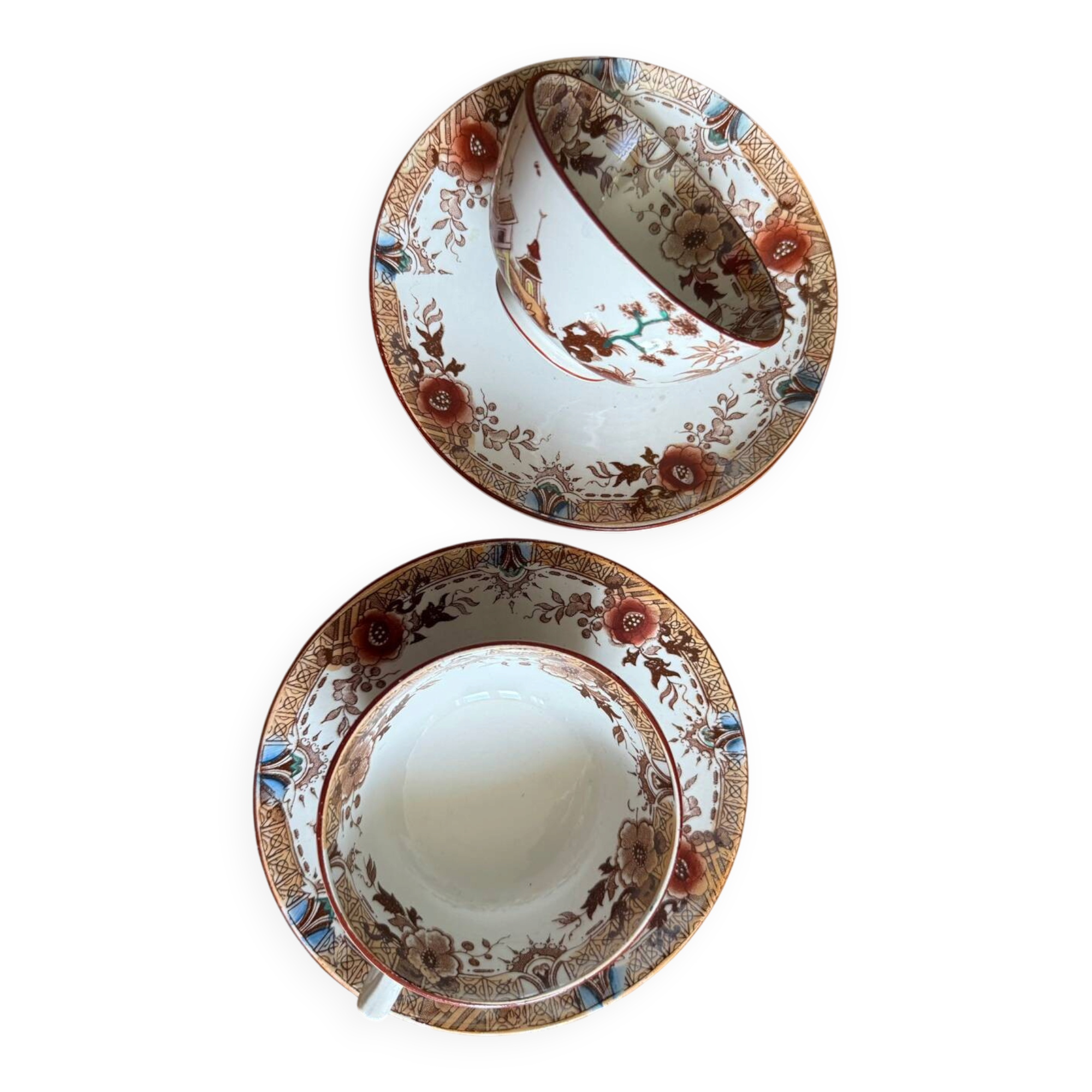 2 antique cups with saucers Sarreguemines Kyoto ironstone
