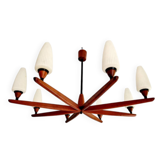 Large Scandinavian teak chandelier, Uno & Östen Kristiansson, 1960