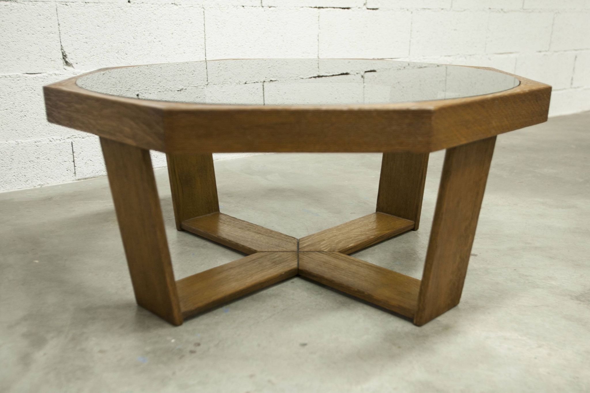 Unique hexagonal table 1977, smoked glass and oak, Swiss made.