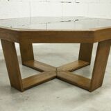 Unique hexagonal table 1977, smoked glass and oak, Swiss made.