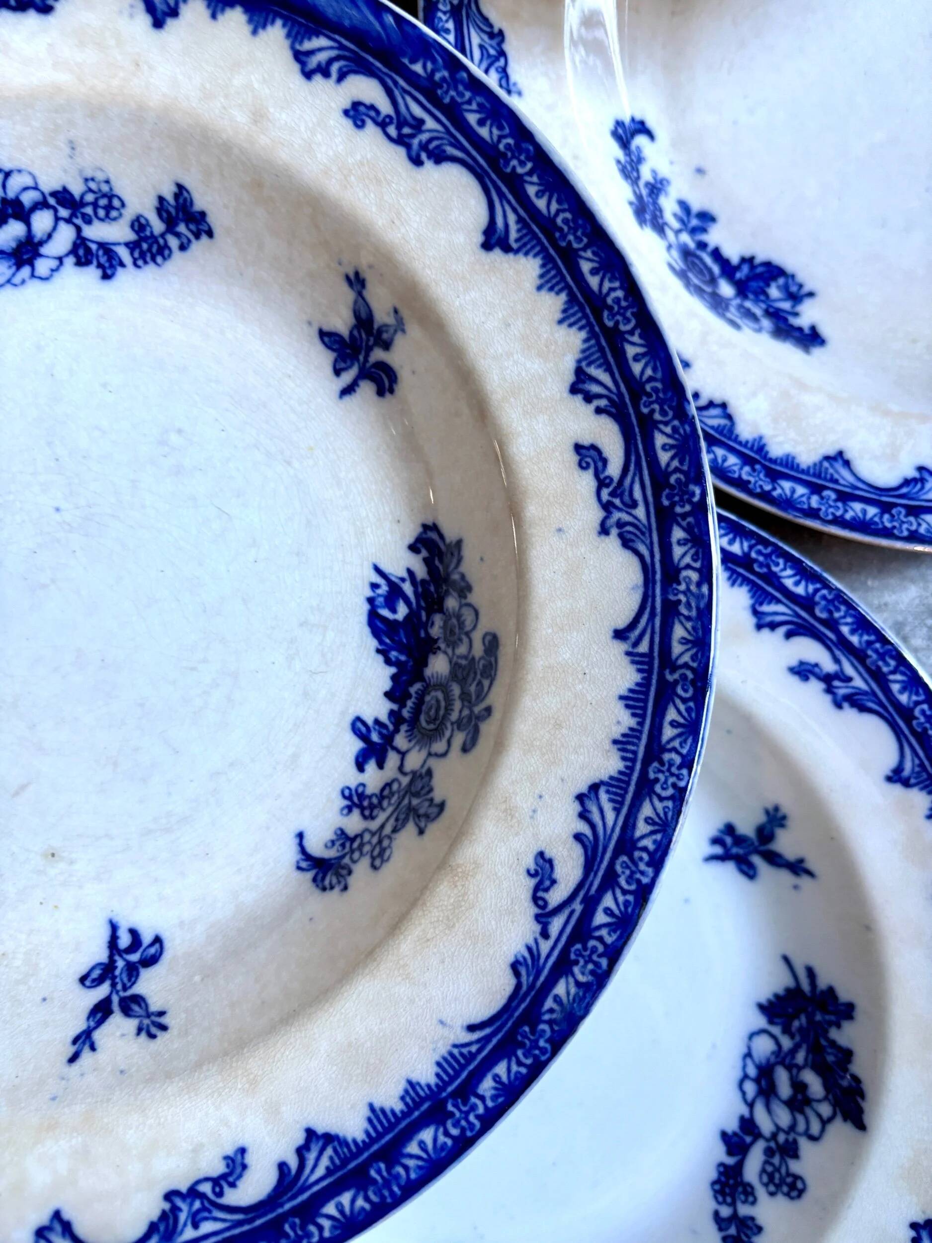 6 Staffordshire blue ironstone soup plates
