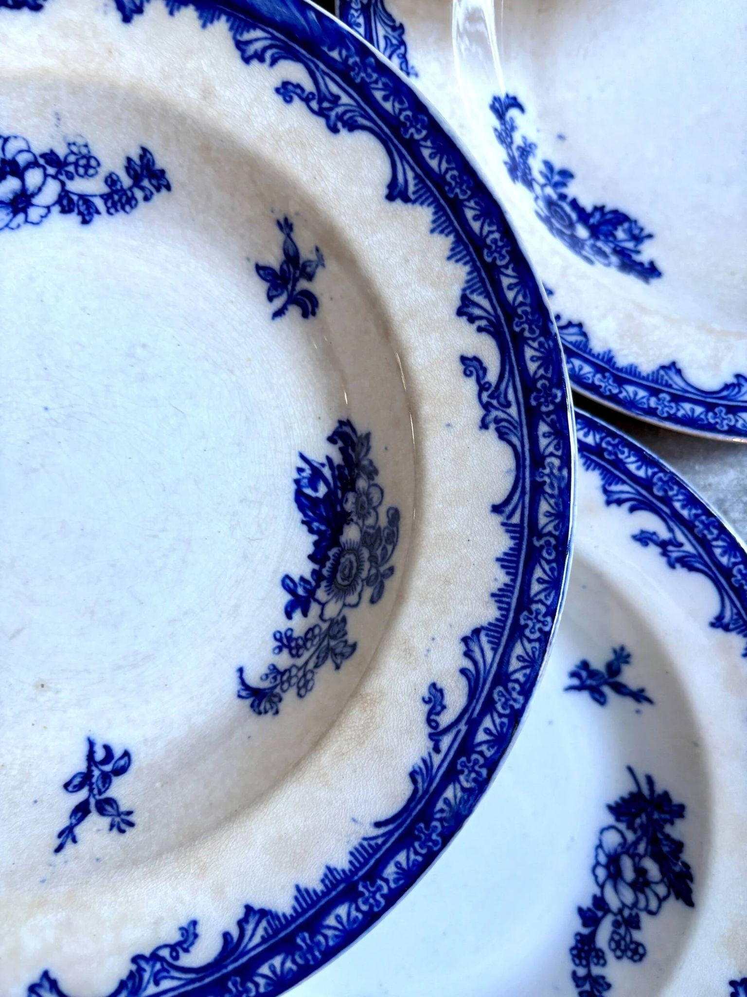 6 assiettes creuses Staffordshire en terre de fer bleue
