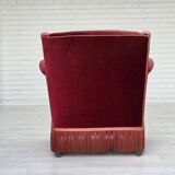1960s, Danish armchair, cherry-red furniture velour, ash wood, original.
