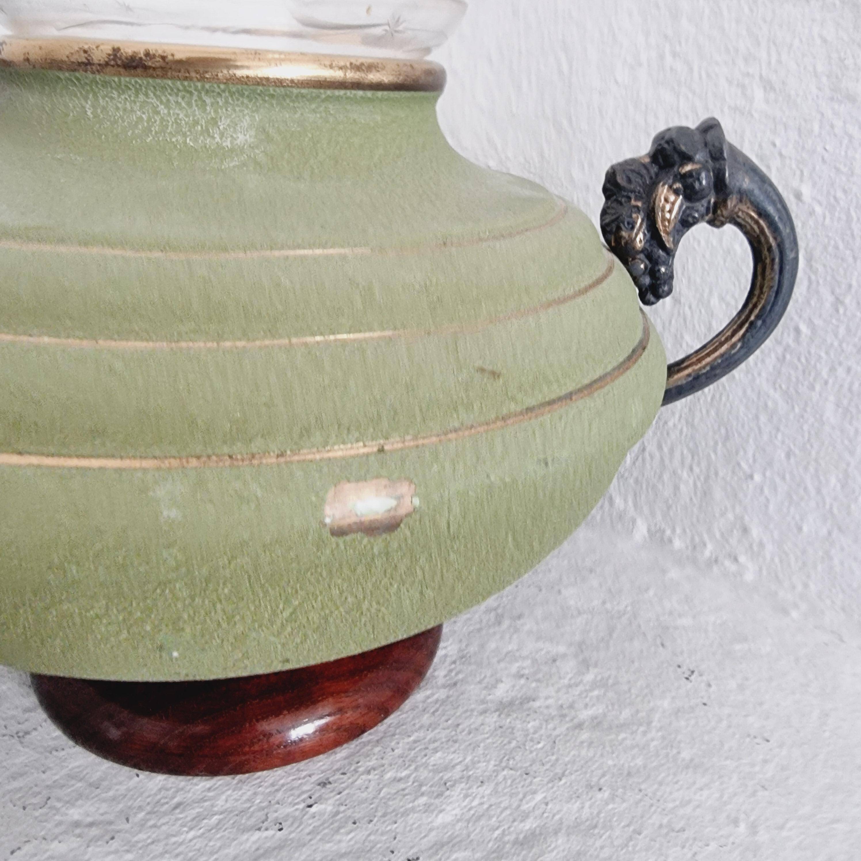 Metal, wood, and engraved glass vase. Swedish grace, 1930s.