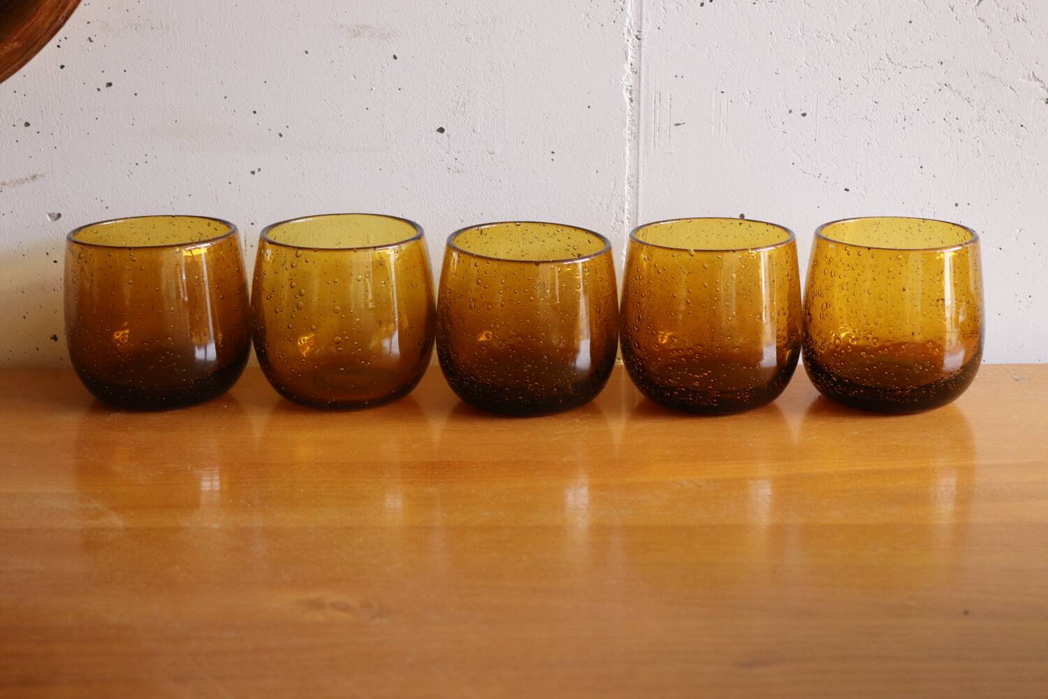 5 amber blown bubble glasses