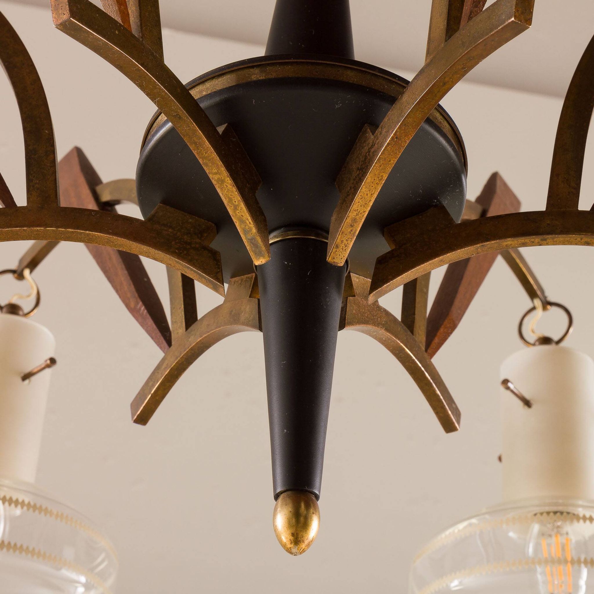 Italian mid-century Murano glass and teak chandelier attributed to Stilnovo, 1960s
