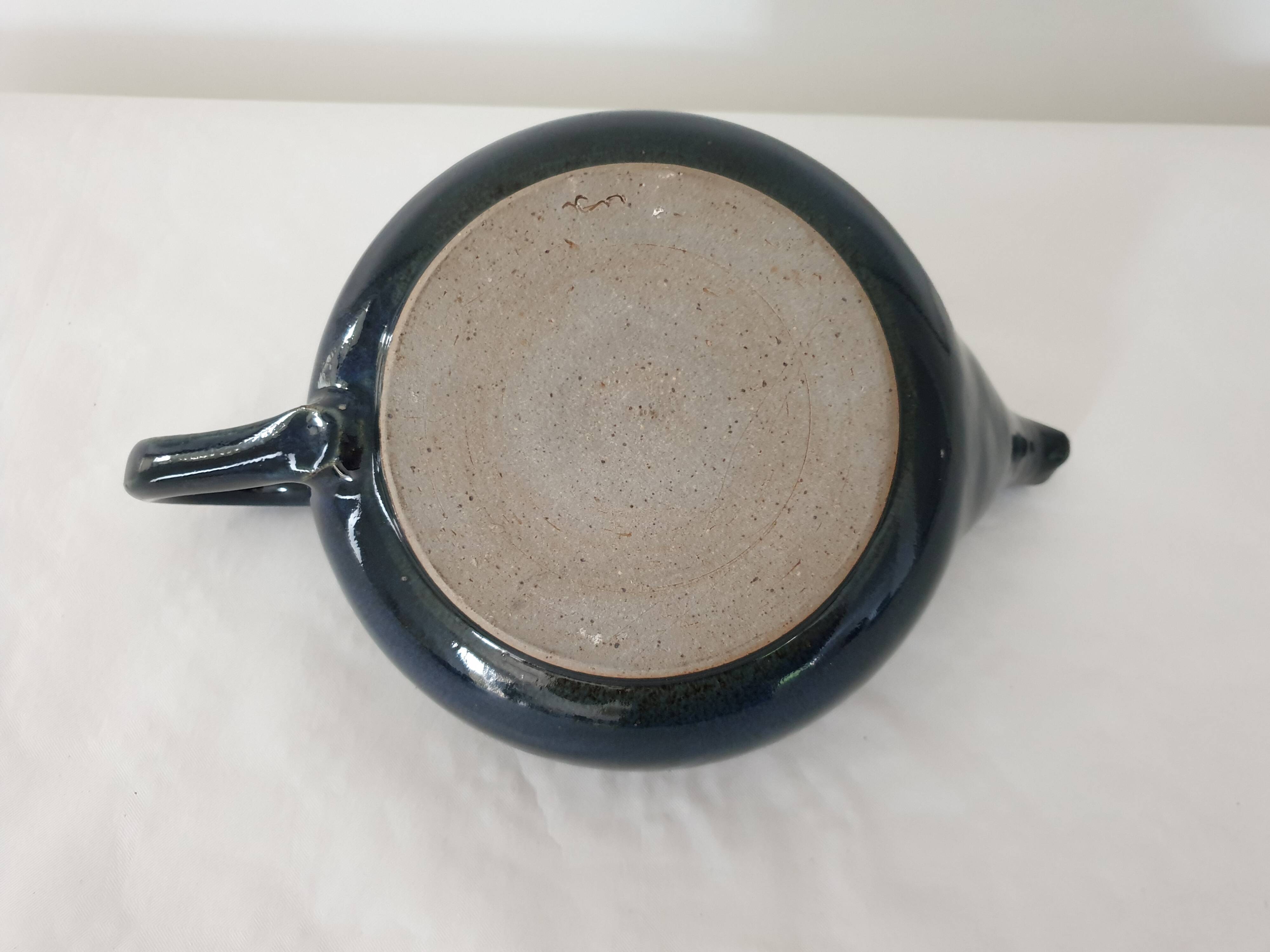 Blue glazed stoneware ceramic teapot Signed Pictogram Signature to identify