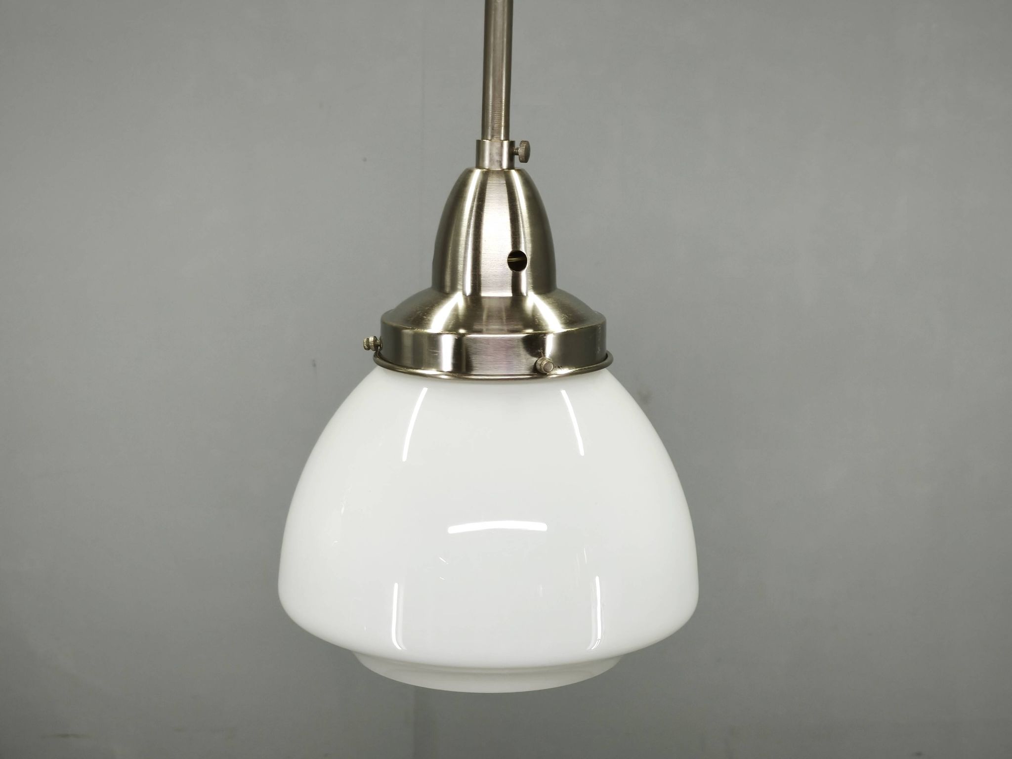 Pair of 1930s Czech Art Deco Opaline Glass and Chrome Pendant Lights
