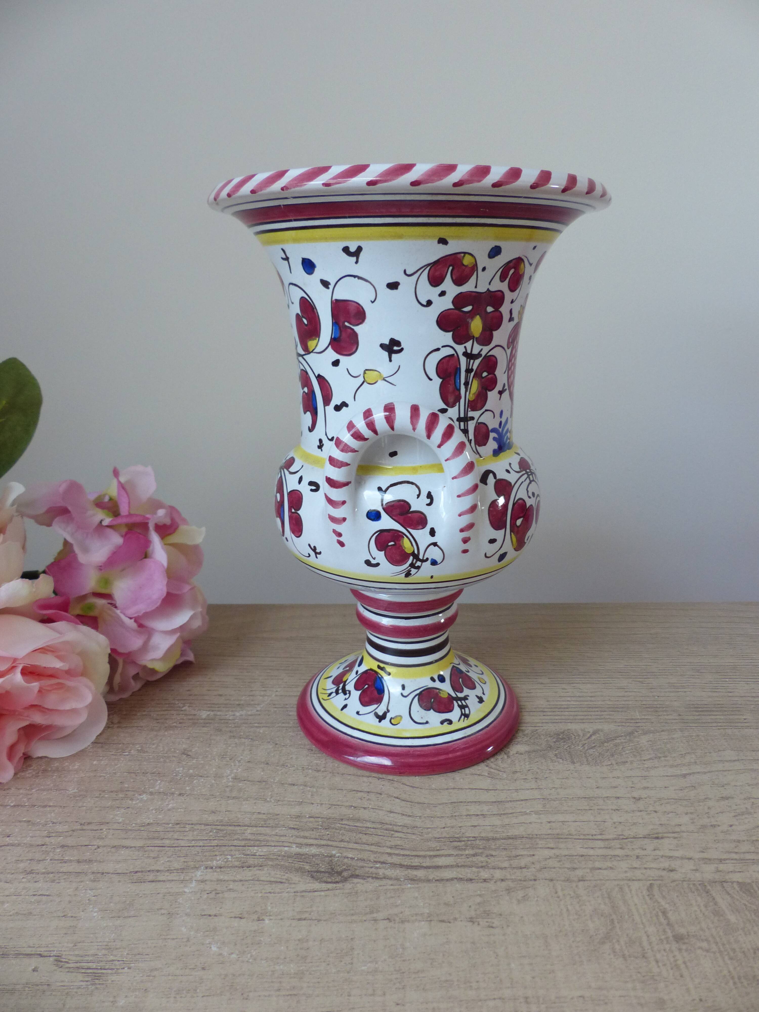 Colorful Ceramic Vase from Italy Deruta l'Antica: Amphora Flowers and Rooster