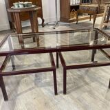 Burgundy lacquered metal, brass and beveled glass nesting tables, France 1950s
