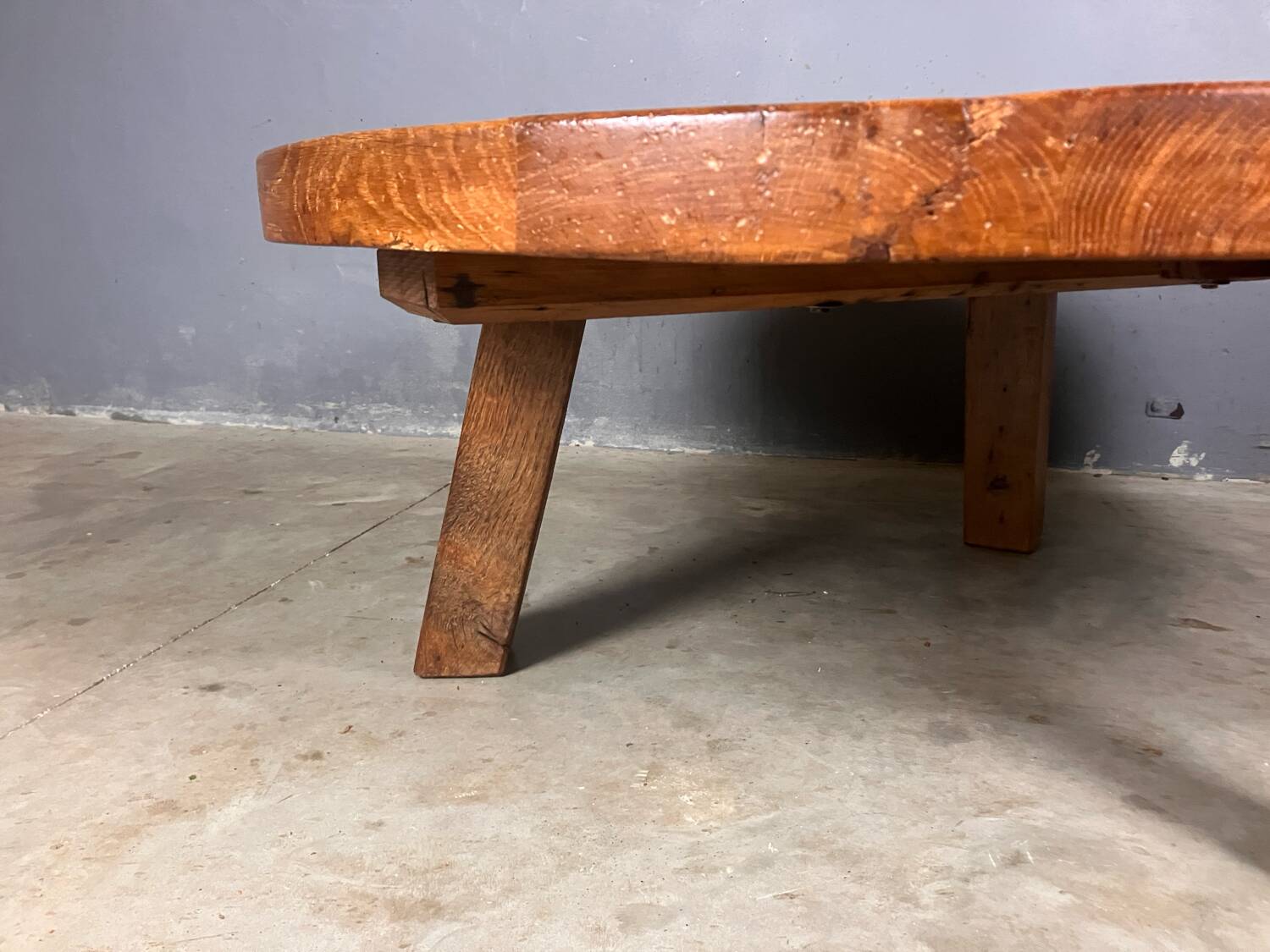 Brutalist oak coffee table thee legs