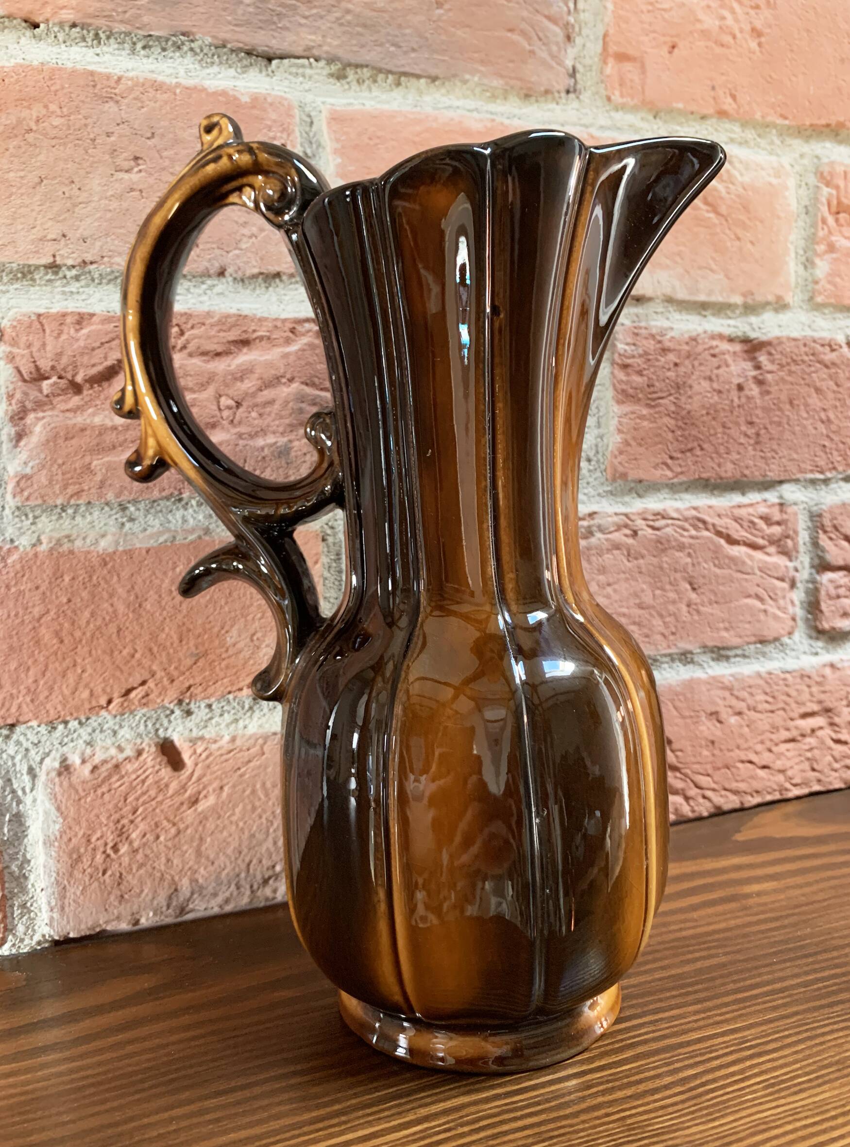 German Pitcher with Vertical Brown Stripes and Rococo Style Handle, Vintage Ceramic Made from Red Cl