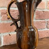 German Pitcher with Vertical Brown Stripes and Rococo Style Handle, Vintage Ceramic Made from Red Cl