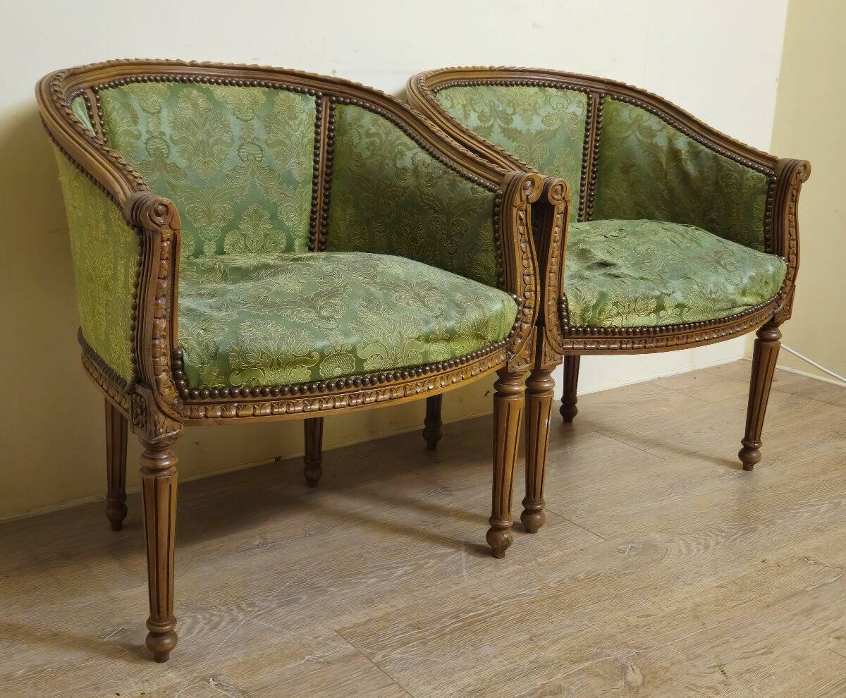 Pair of antique armchairs in Louis XVI style – green damask fabric