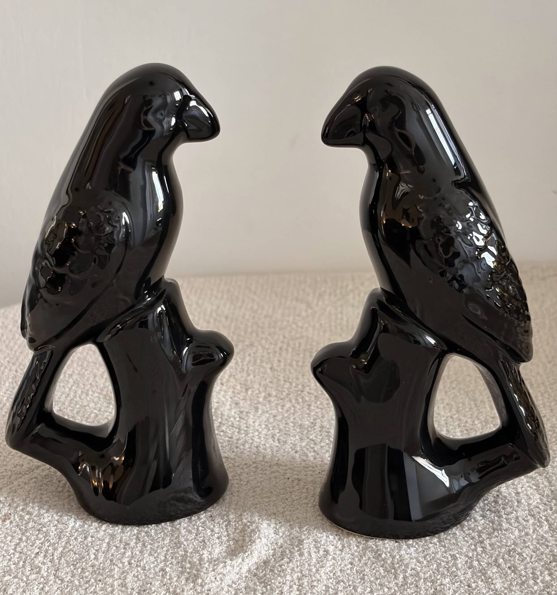 Pair of Mid-Century Gloss Black Ceramic Bird Figurines (Ravens/Crows)