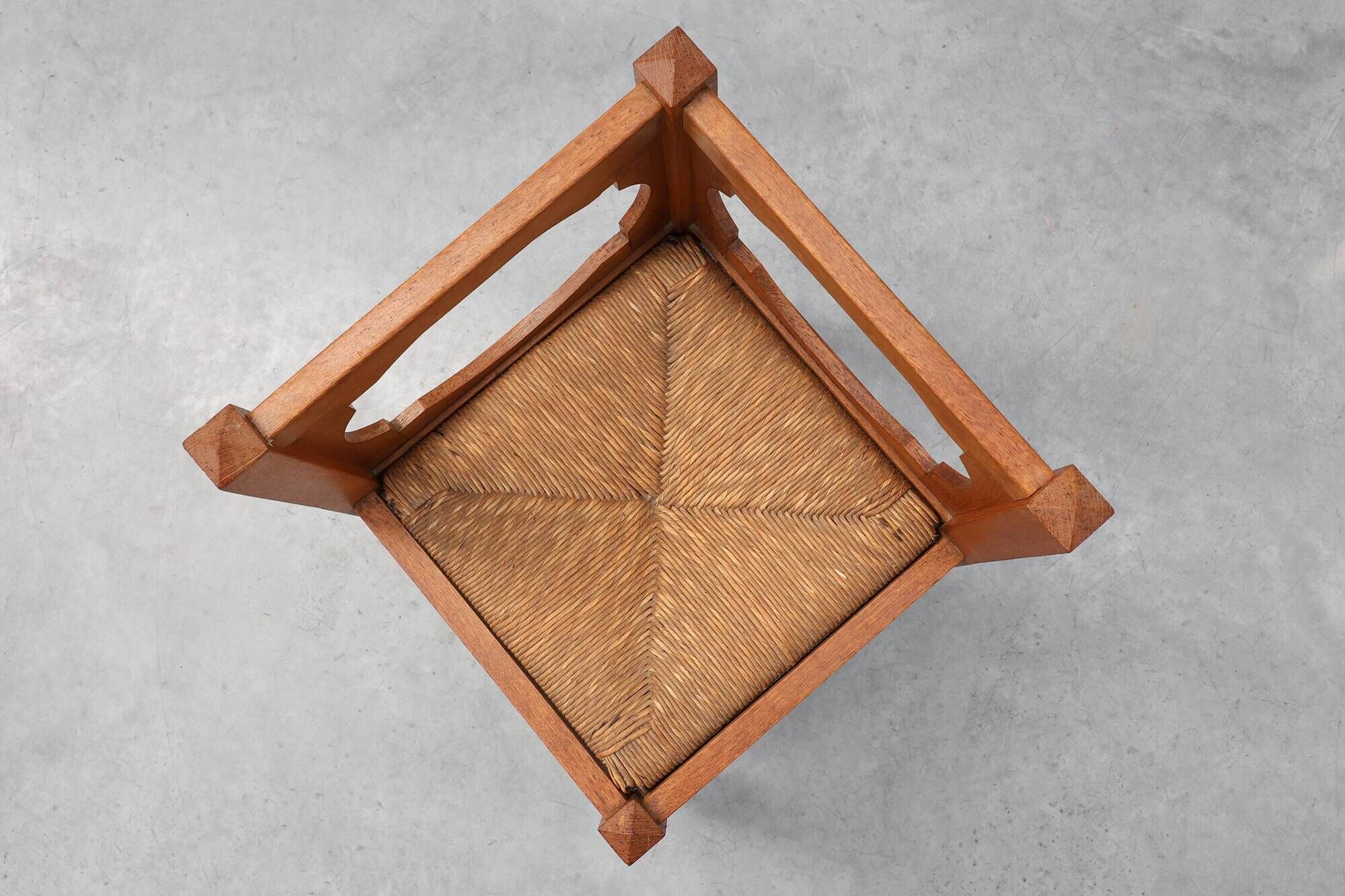 Art Deco Oak Corner Chair with Cut‑Out Backrest and Rush Seat, Belgium, cir