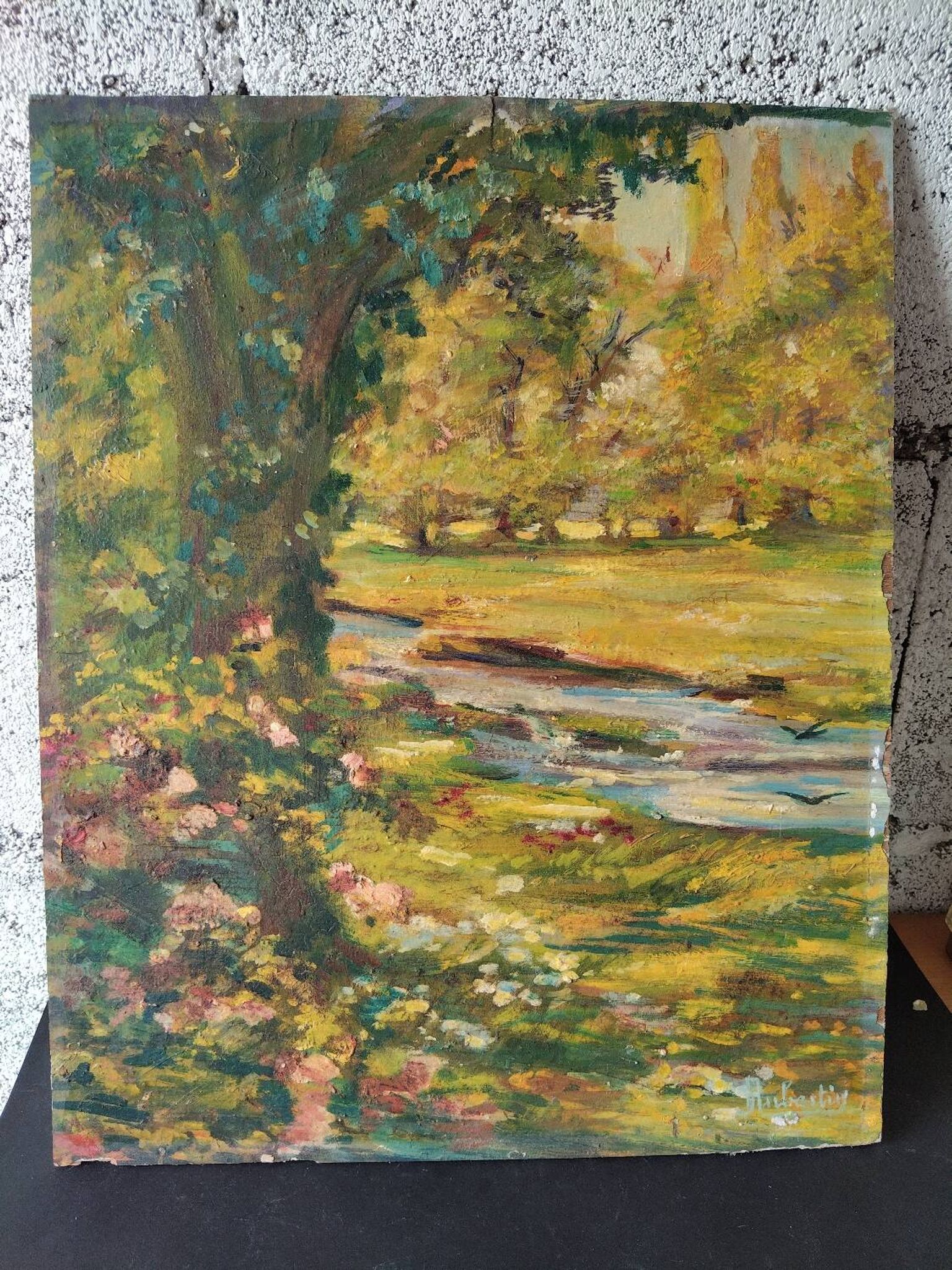 Old impressionist painting landscape river oil on wood signed
