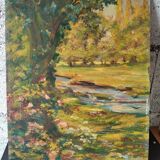 Old impressionist painting landscape river oil on wood signed