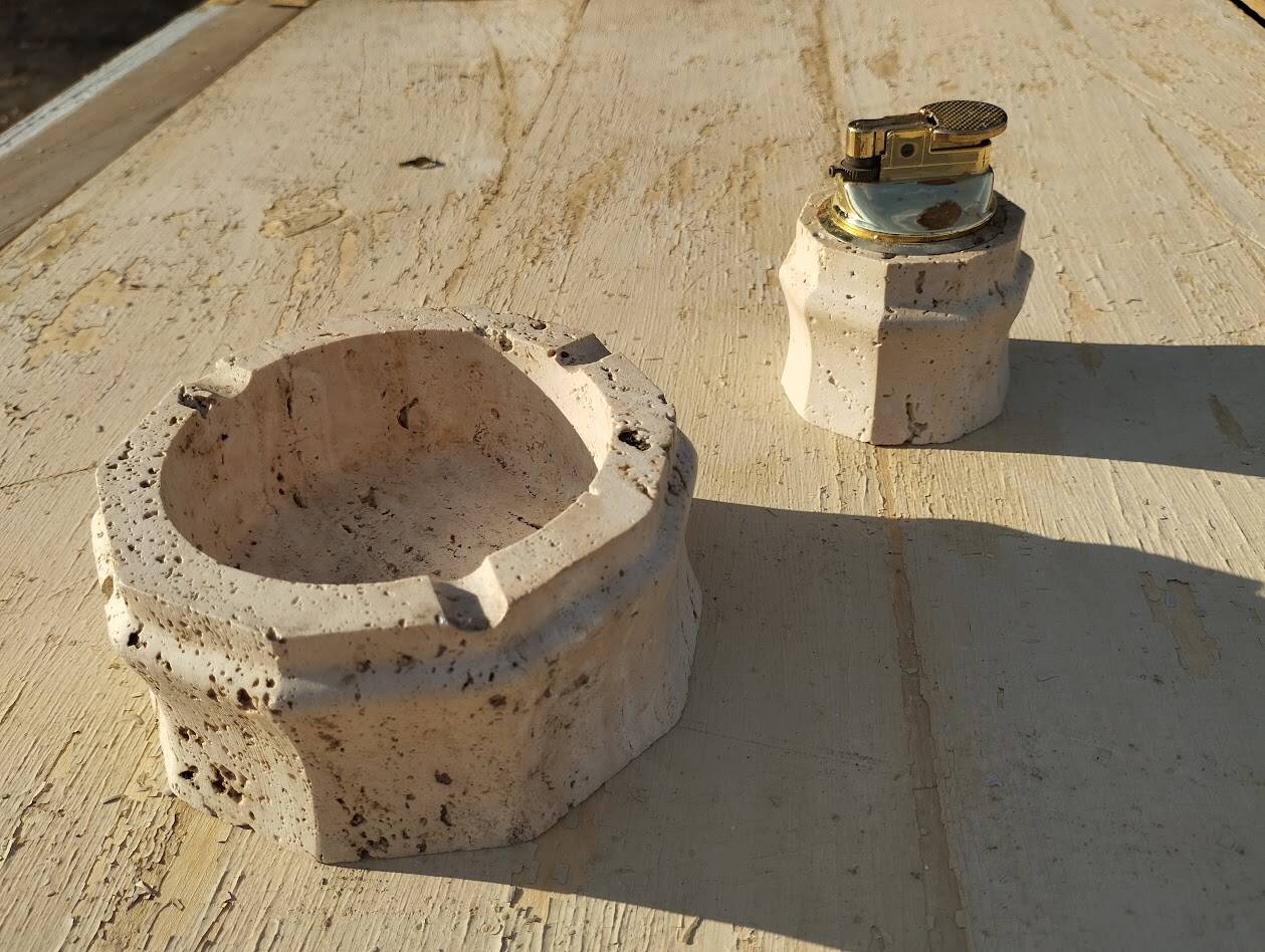 Vintage Ashtray & Lighter Duo in Travertine – Italy, 1970