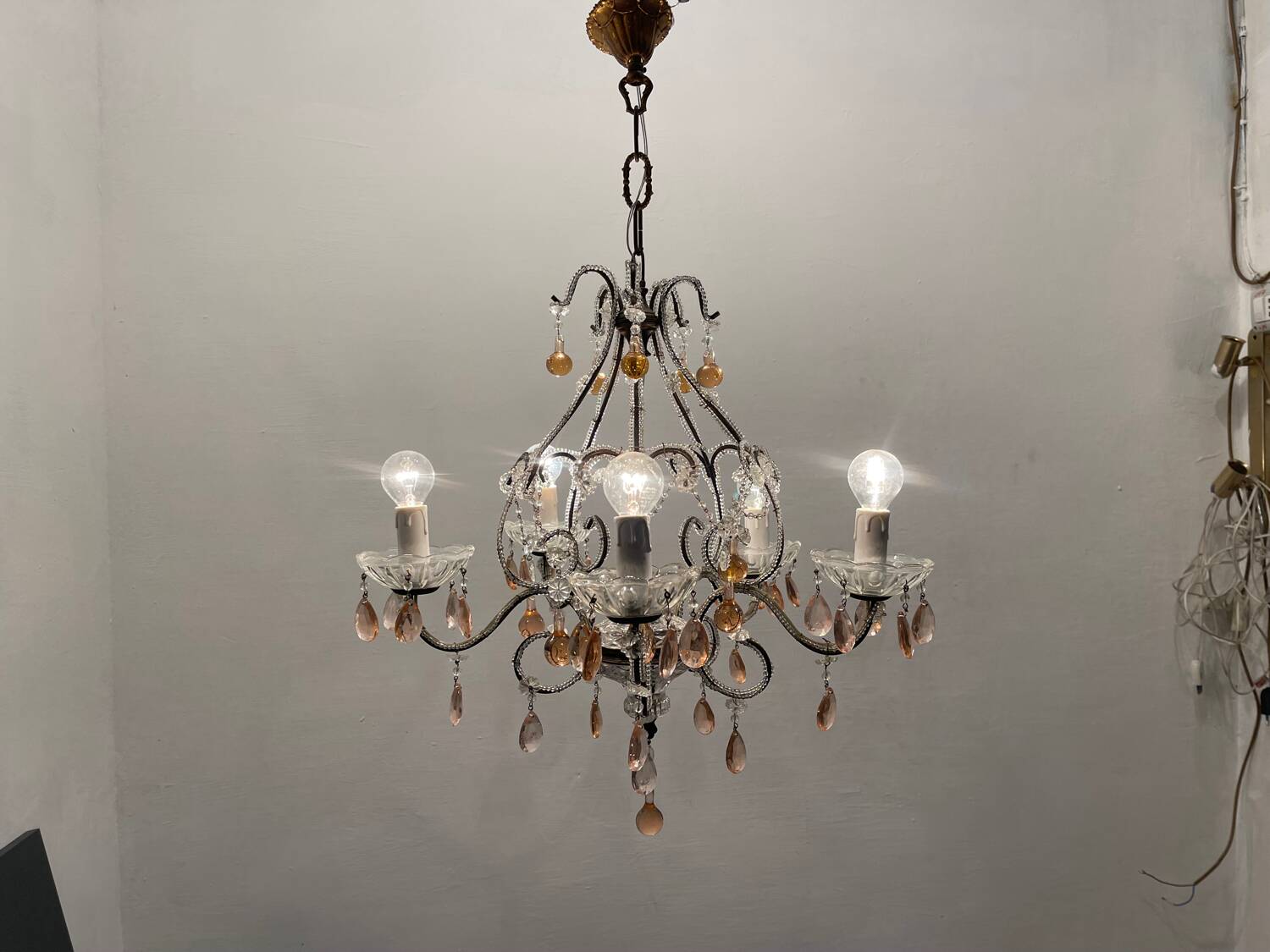 Pink Murano Glass Crystal Beaded Chandelier 1960’s