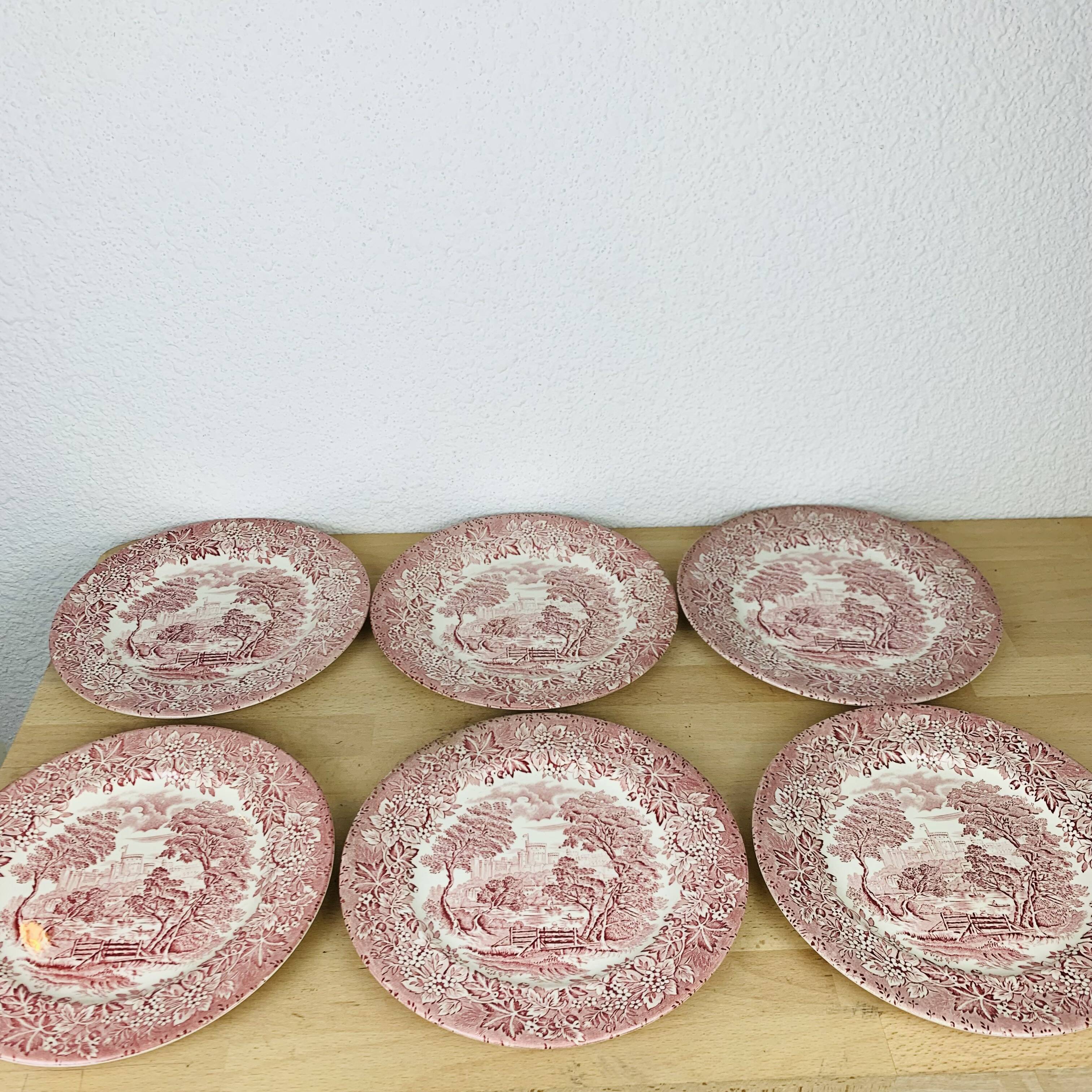 6 English red ironstone plates