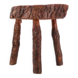 Wooden tripod stool with bark, 1950s