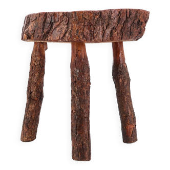 Wooden tripod stool with bark, 1950s