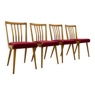 Set de 4 chaises en hêtre et tissu rouge, vintage tchèque 1960s