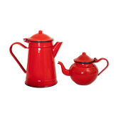 Lot d'une cafetière et une théière rouge Japy