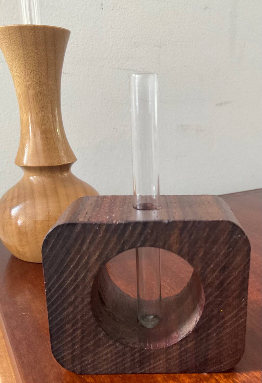 Duo of Scandinavian soliflores in wood and glass