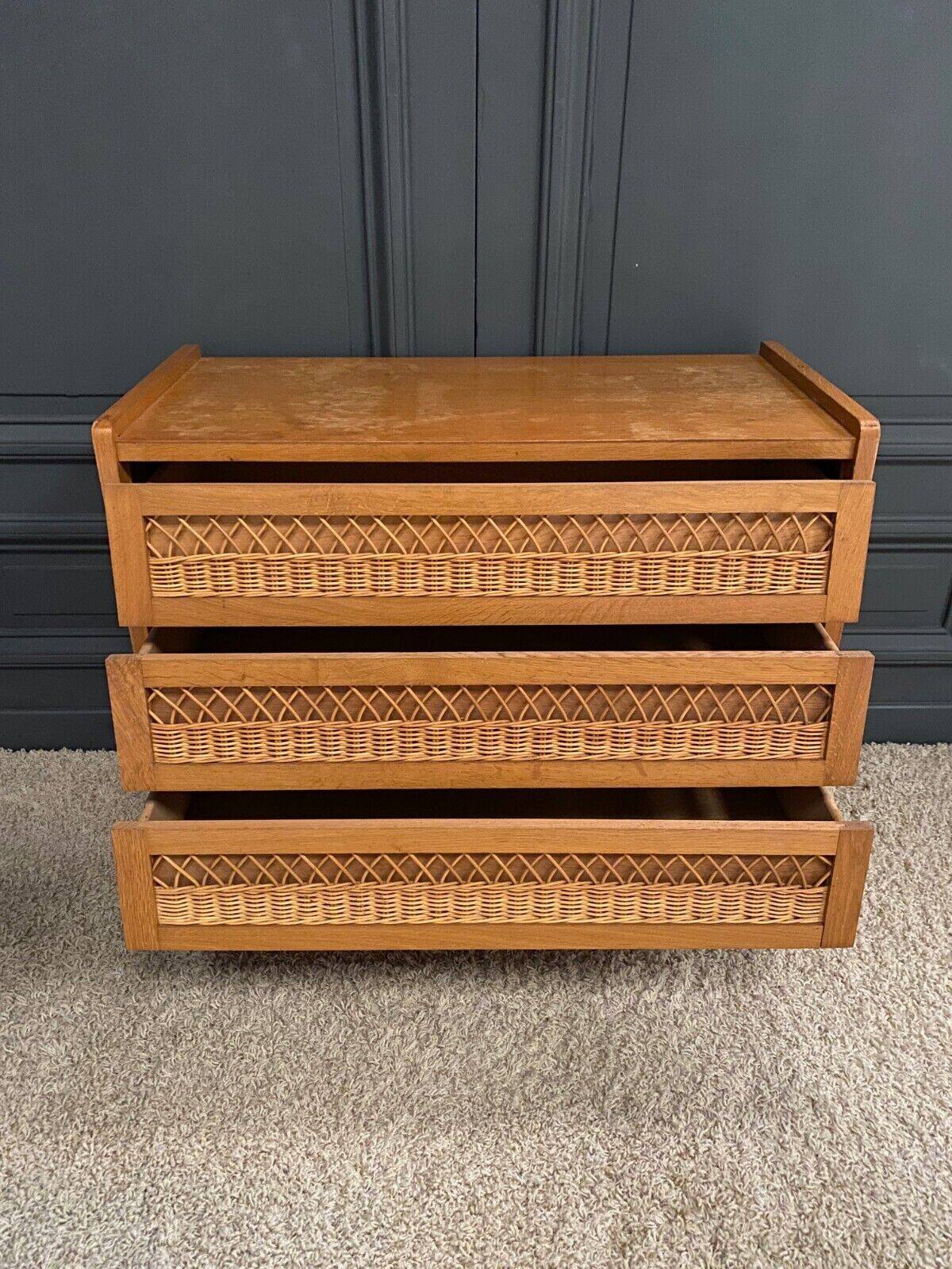 Light oak and rattan chest of drawers with compass feet, three drawers, 1960