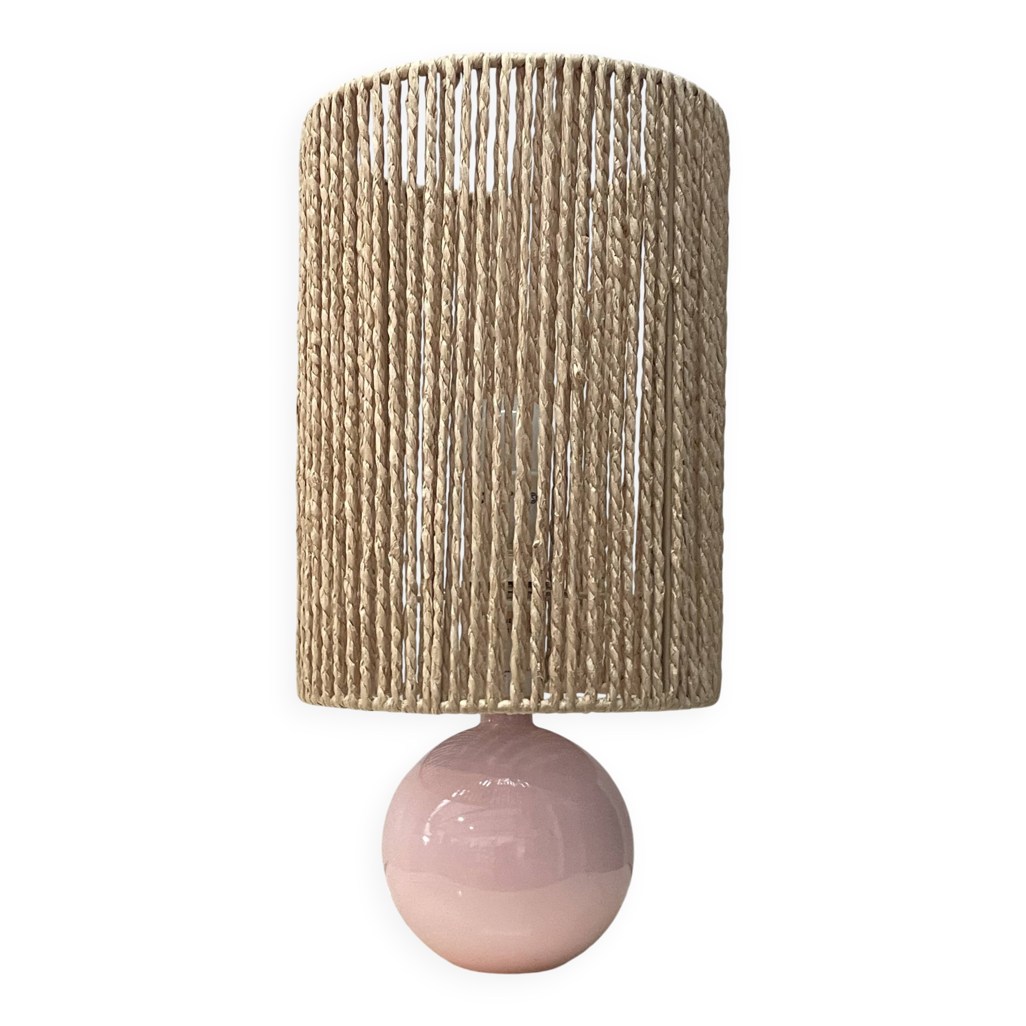 Pink Ceramic Ball Lamp - Hemp Shade - Vintage - 1980s