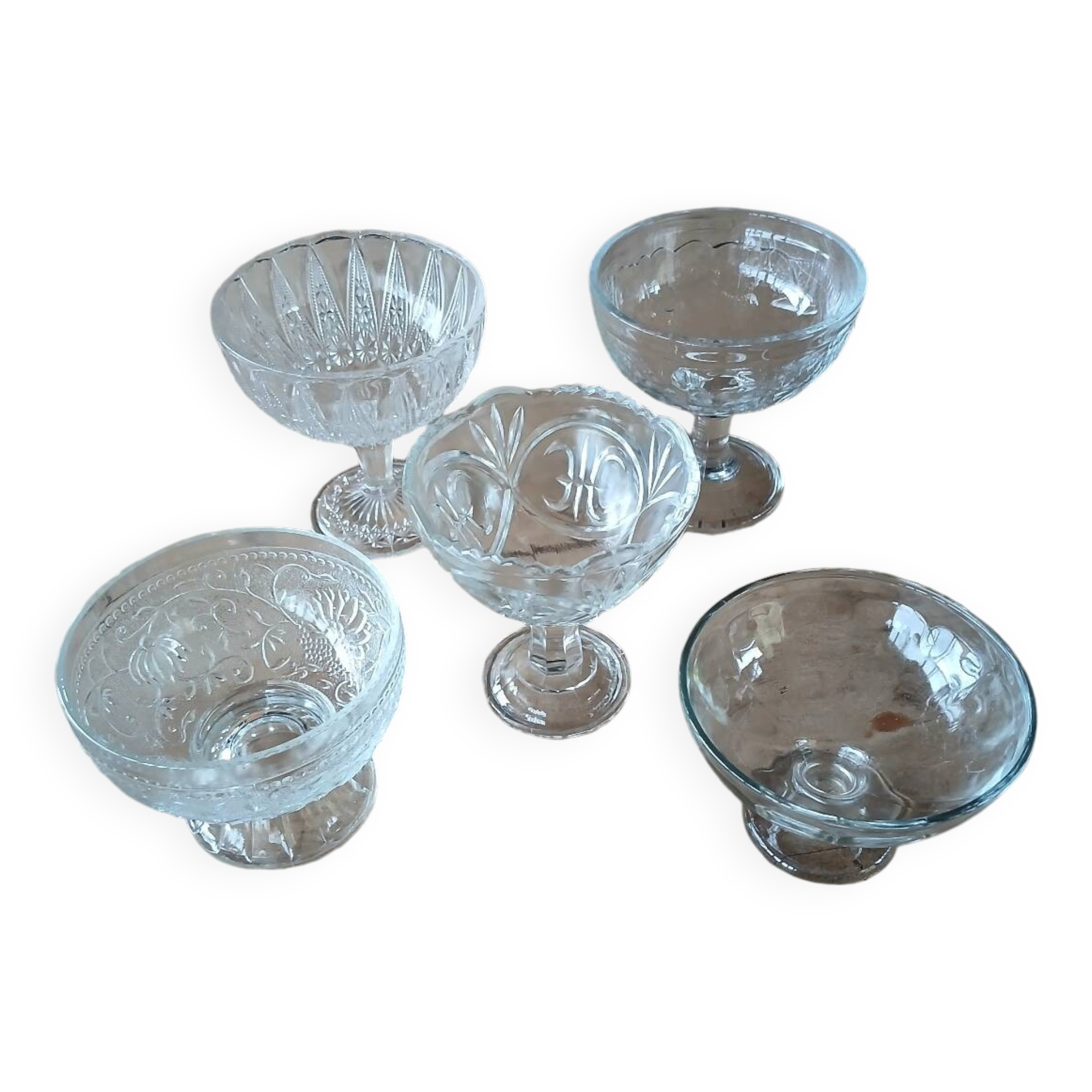 5 antique clear glass cups