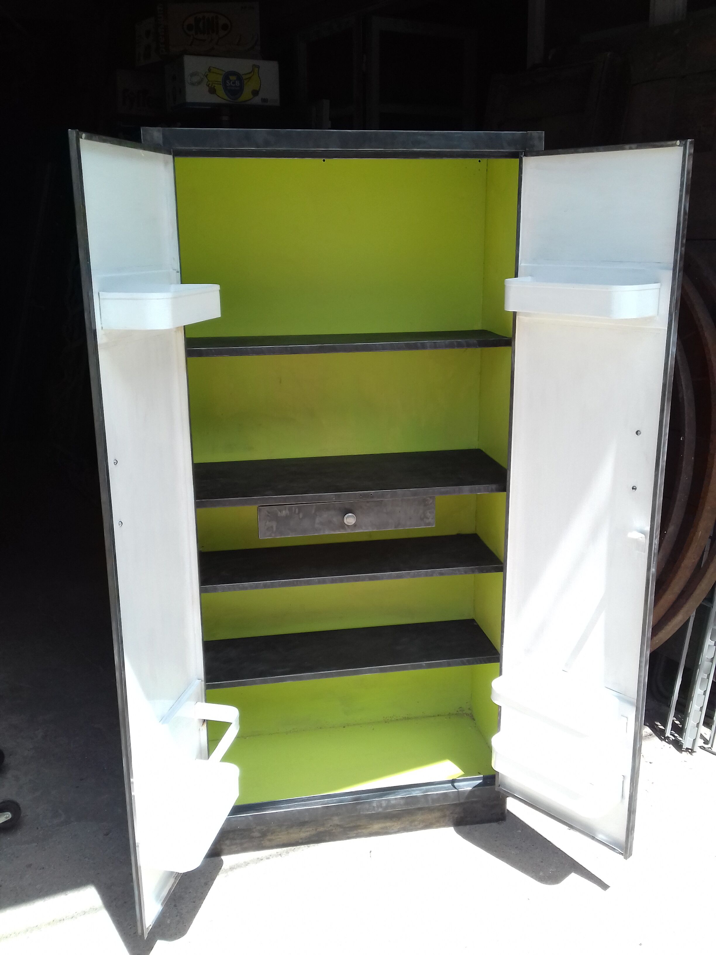 Polished varnished steel kitchen cabinet, circa 1950