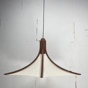 Teak and linen umbrella counter balance pendant by Domus, 1970s