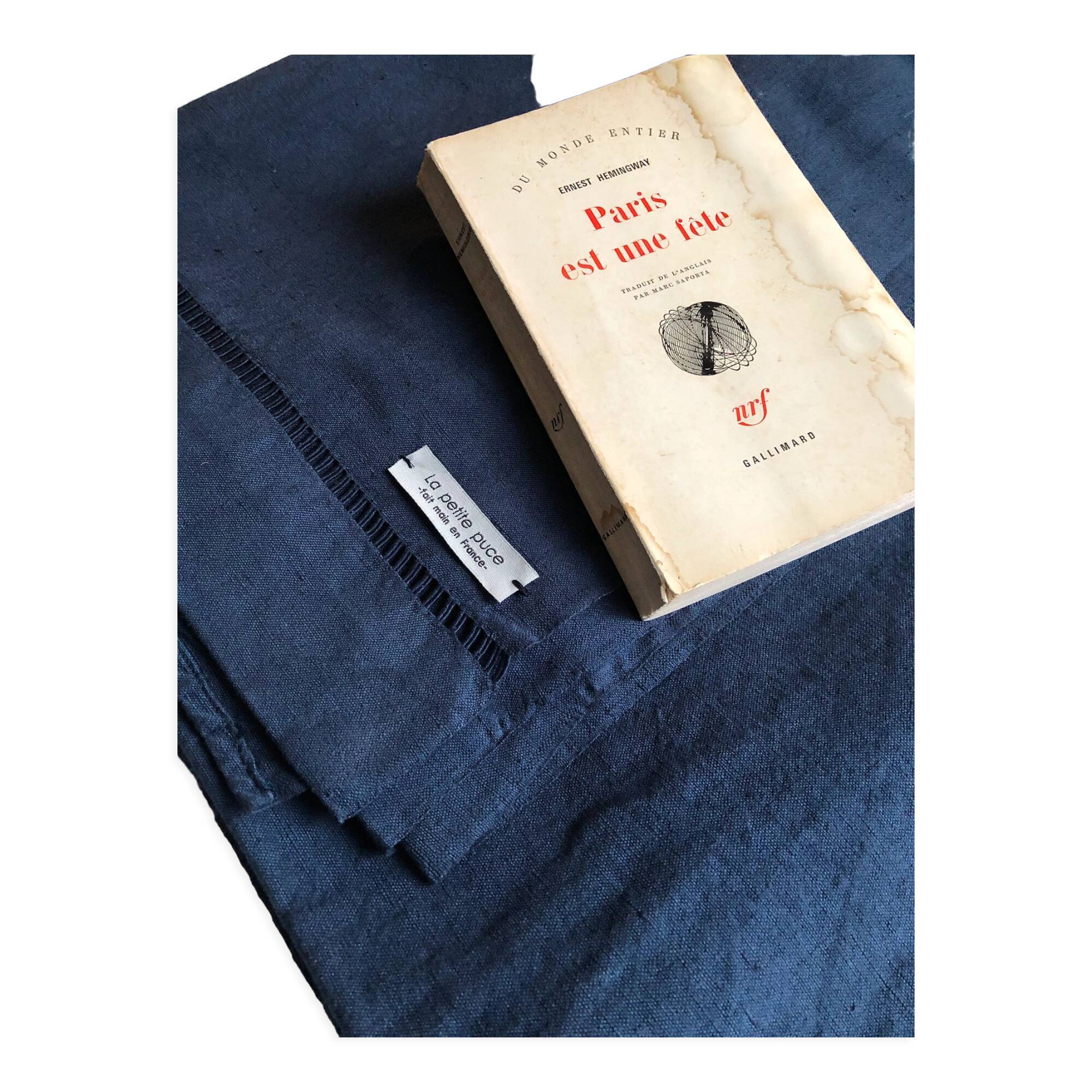 Old linen and cotton sheet dyed in night blue