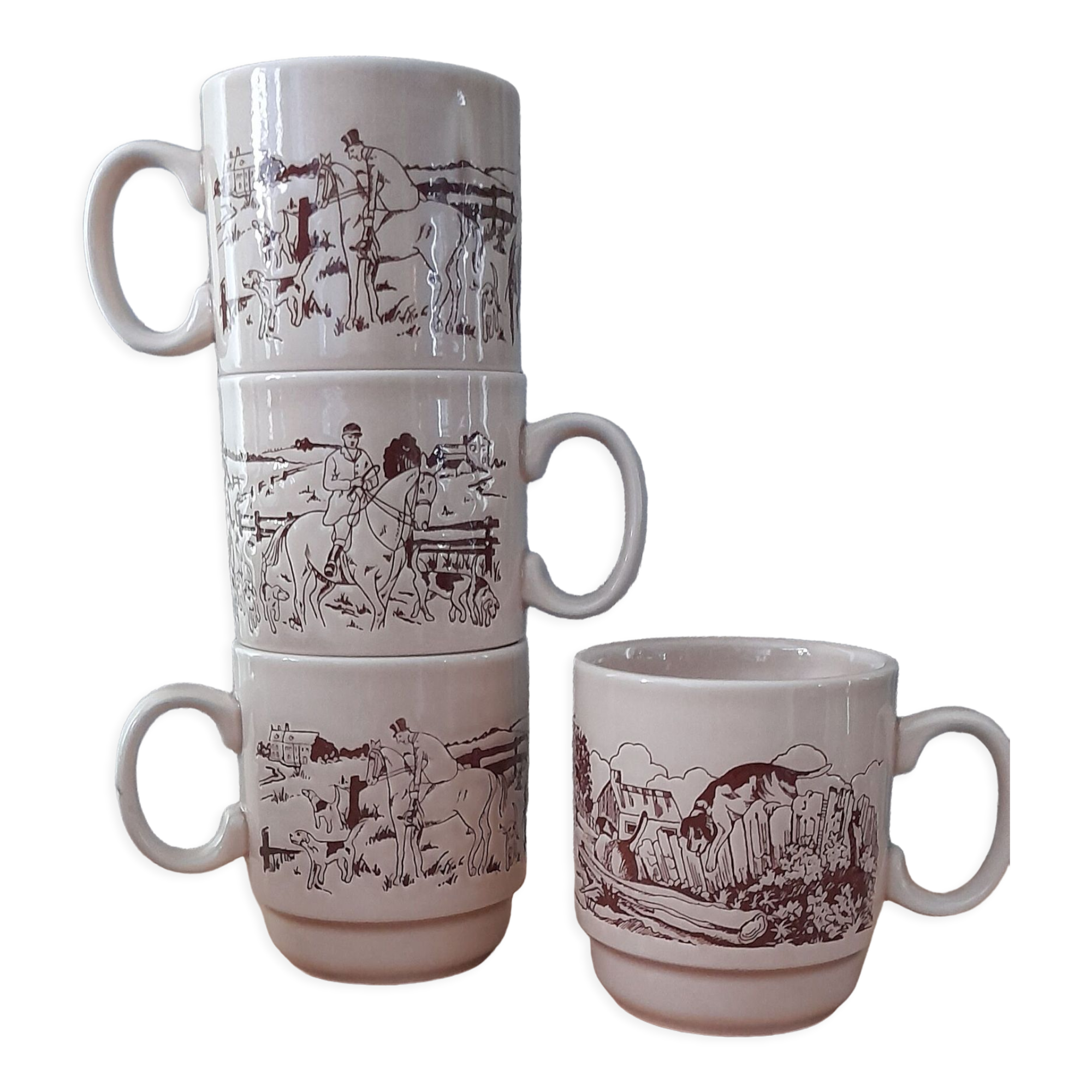4 cups/mugs brown/beige - KilnCraft Stl England Deco hunting - vintage