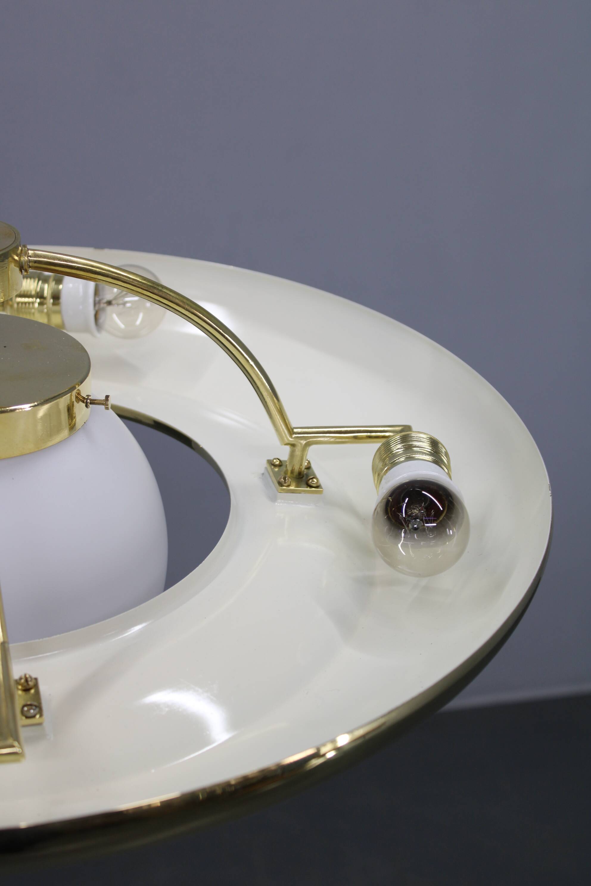 Art Deco brass chandelier with white glass, Czechoslovakia 1930s