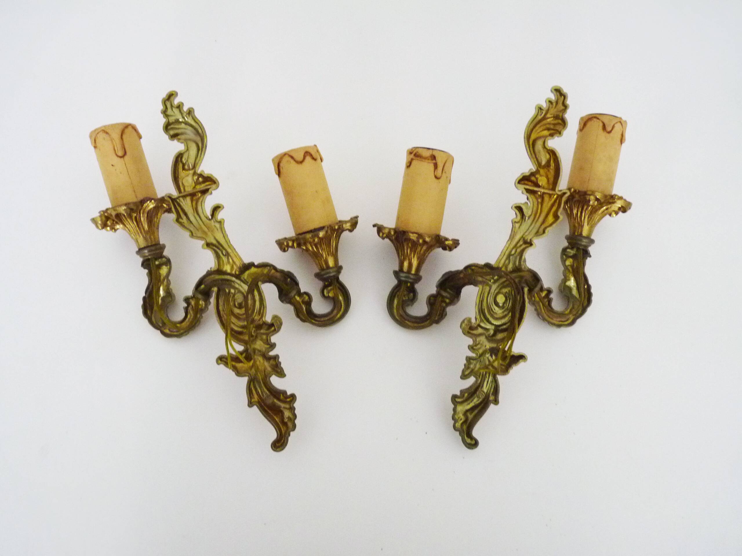 Antique pair of double-light brass wall sconces, 1960s