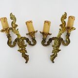 Antique pair of double-light brass wall sconces, 1960s