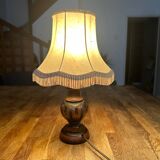 Vintage Lamp with Fabric Shade and Carved Wooden Base