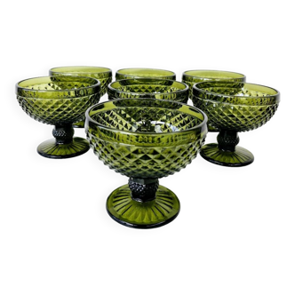 7 fruit ice cream dessert cups dark green diamond cut glass