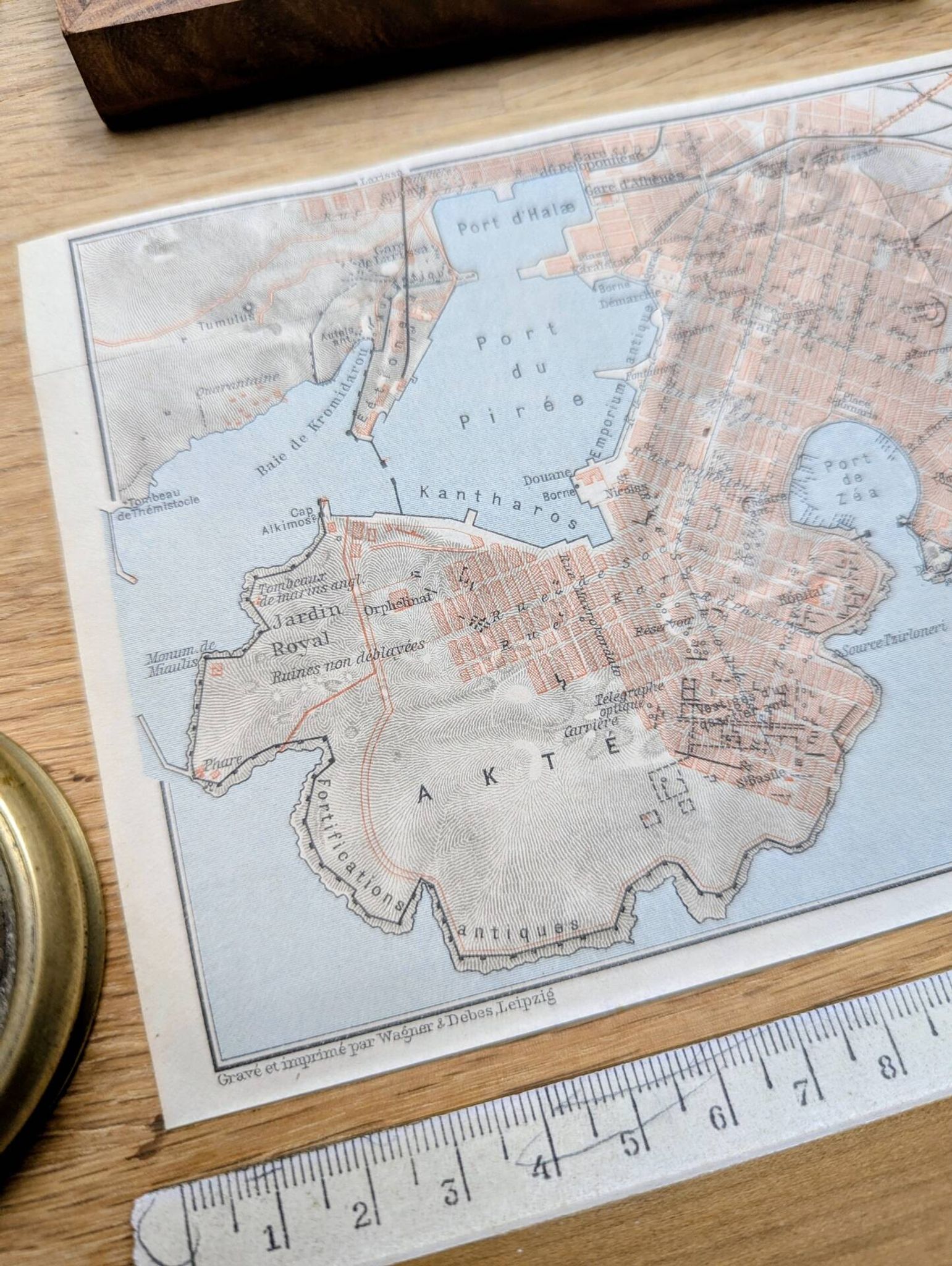 Piraeus, Athens, small original map printed in 1910.
