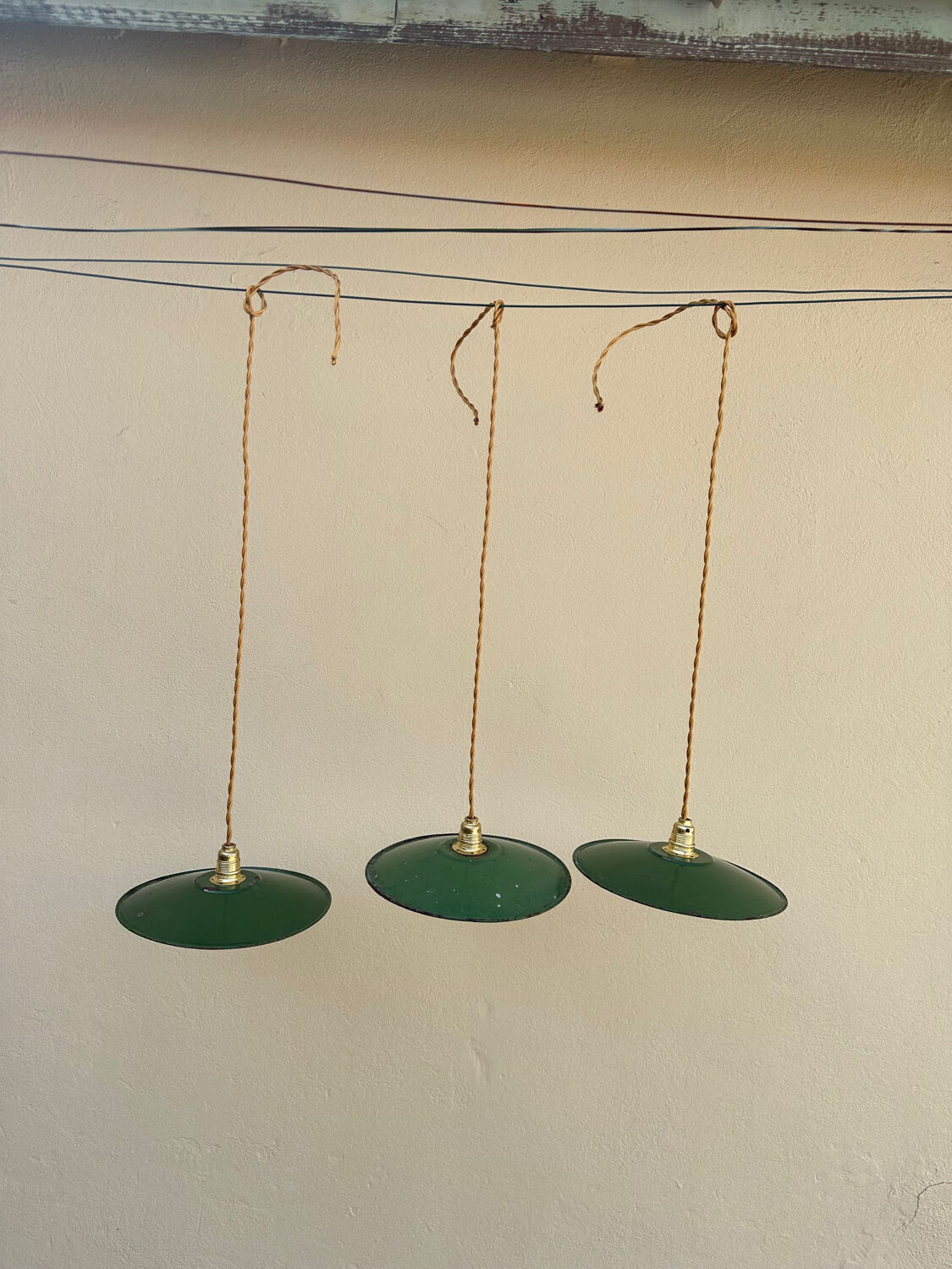 Trio of vintage pendant lights in green and white enameled sheet metal, industrial farmhouse decor