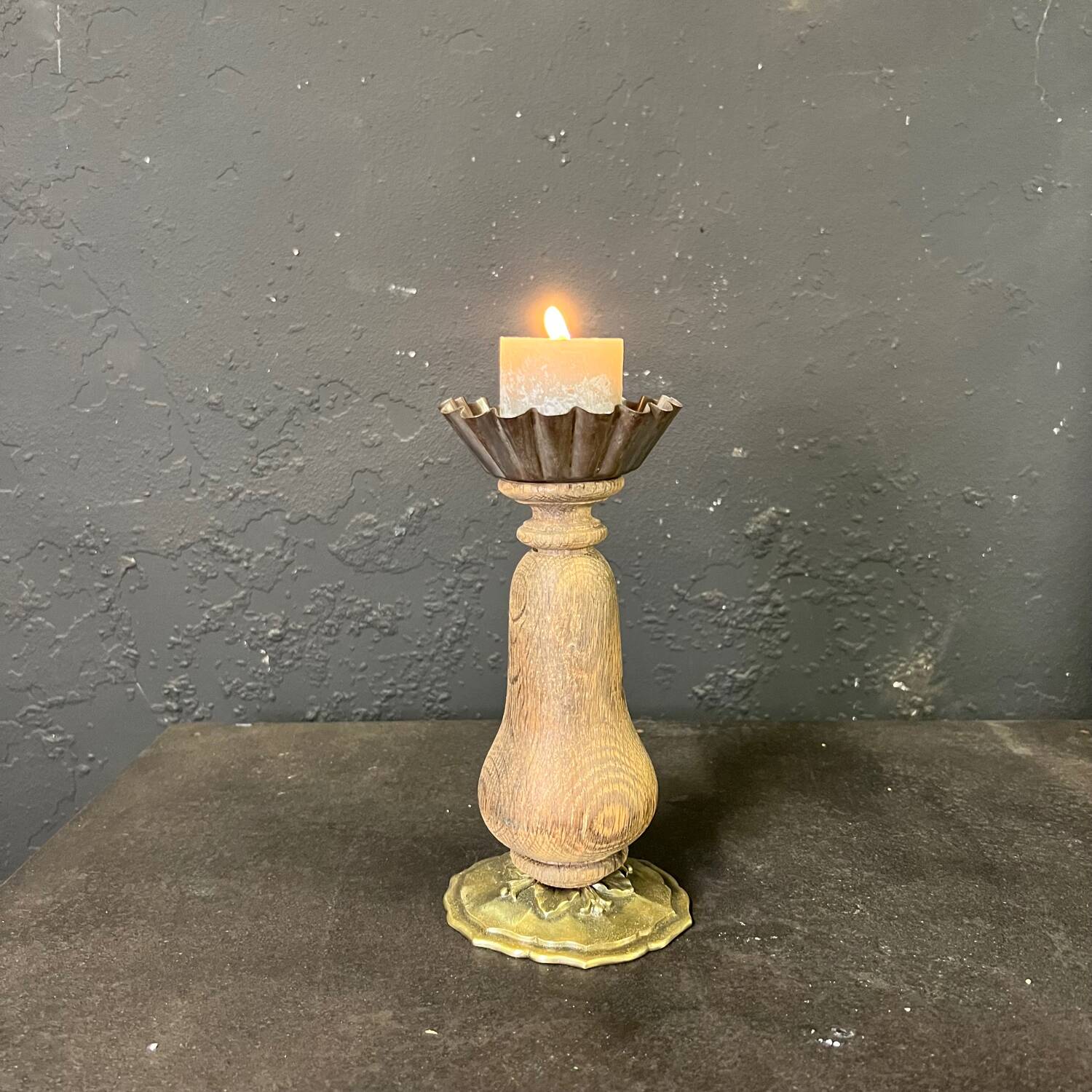 Old oak candle holder with bronze base