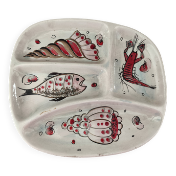 Vintage 4-compartment dish with seafood decor