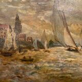 Oil on canvas, Landscape of sailboats