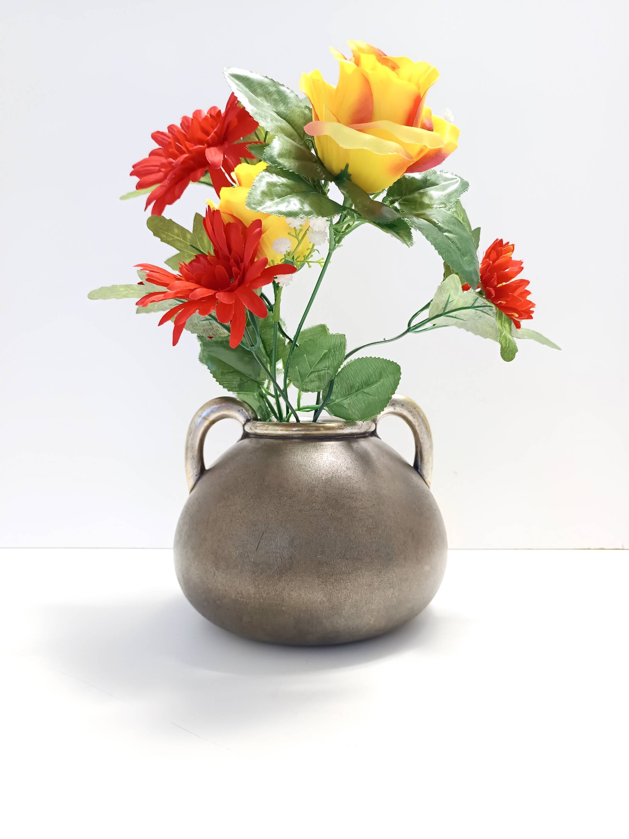 High-Quality Art Deco Burnished Silvered Brass Vase, Italy