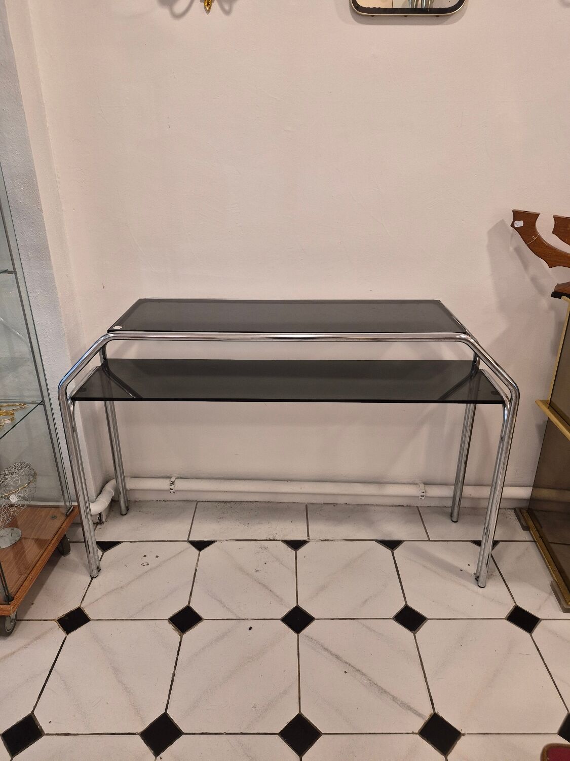 Vintage console en verre fumé et chrome
